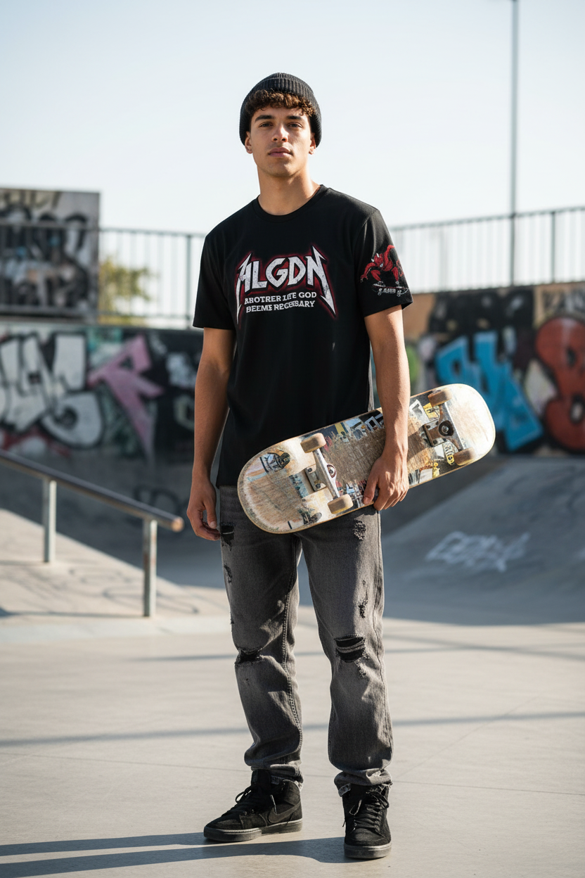 ALGDN Black Tee On Model