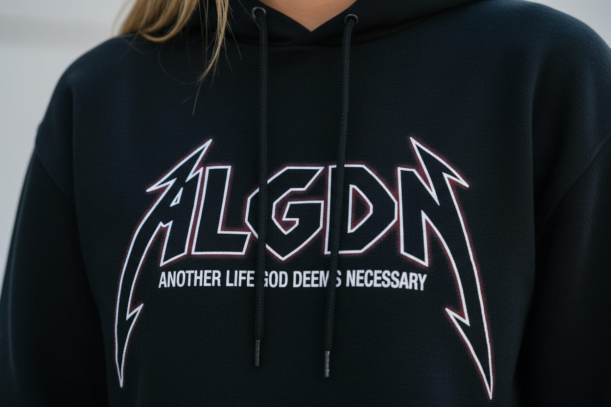 ALGDN Hoodie Front Design Close-Up