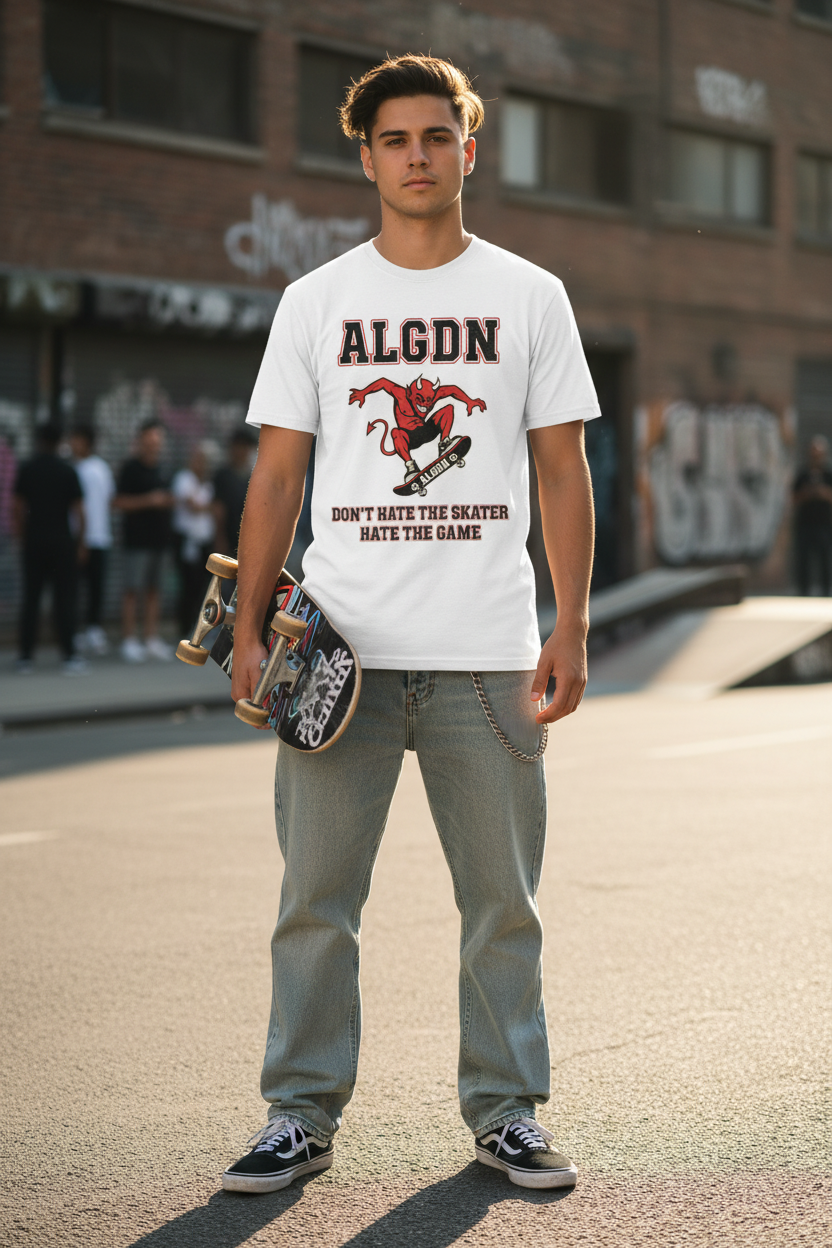 ALGDN Skate White Shirt On Model