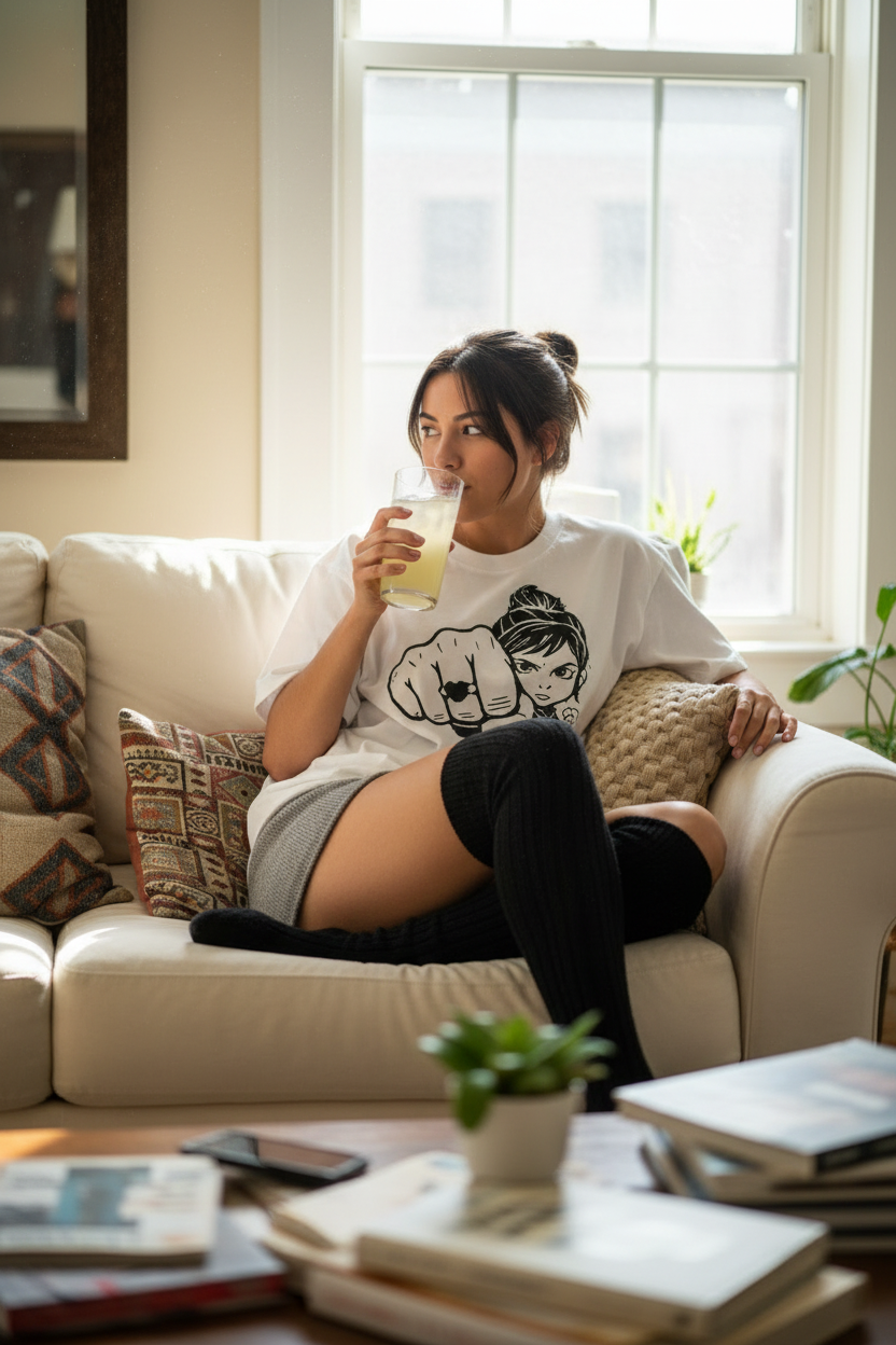 ALGDN tee girl at home with thigh highs and lemonade
