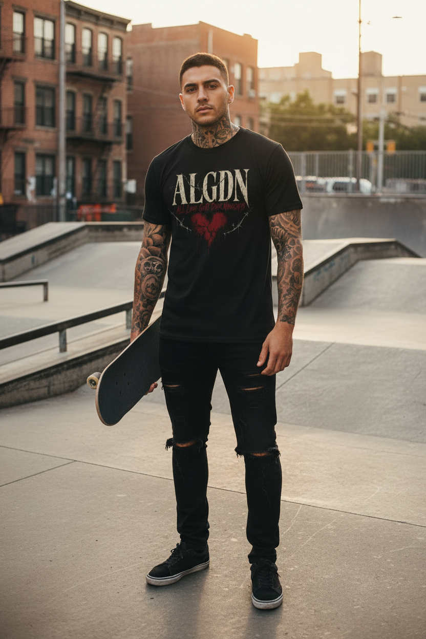 ALGDN Tee - Tattooed Skater Holding Board at Skate Park